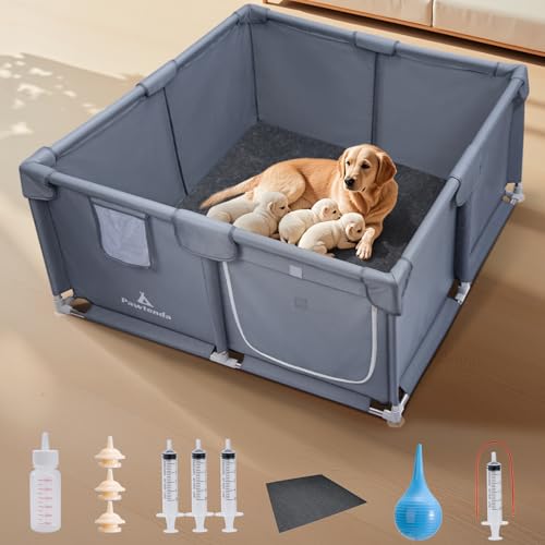 Pawtenda Welpenkiste für Hunde und Welpen, 119,4 x 119,4 x 61 cm, reißfestes Oxford-Gewebe, Hunde-Laufstall mit Saugnäpfen und 5-teiligem Welpenpflegeset für mittelgroße und große Hunderassen von Pawtenda