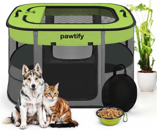 Pawtify Haustier-Laufstall für mittelgroße und große Hunde, Indoor/Outdoor Faltbares Zelt mit Tragetasche & Reisenapf, Tragbares Laufgitter für Hunde, ideal für Spiel, Zwinger und Geburtsbox.Jaulas von Pawtify