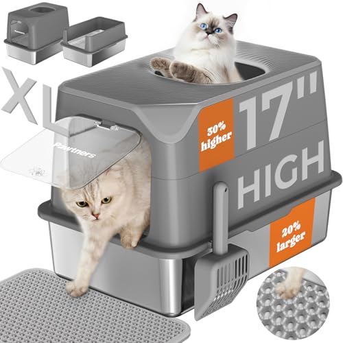 Pawtners Edelstahl Katzentoilette mit Deckel, offen/geschlossen, XL, extra große, nicht klebrig, leicht zu reinigen, Anti-Urinleckage, Dunkelgrau Pawtners Edelstahl Katzentoilette mit Deckel, offen/geschlossen, XL, extra große, nicht klebrig, leicht zu reinigen, Anti-Urinleckage, Dunkelgrau von Pawtners
