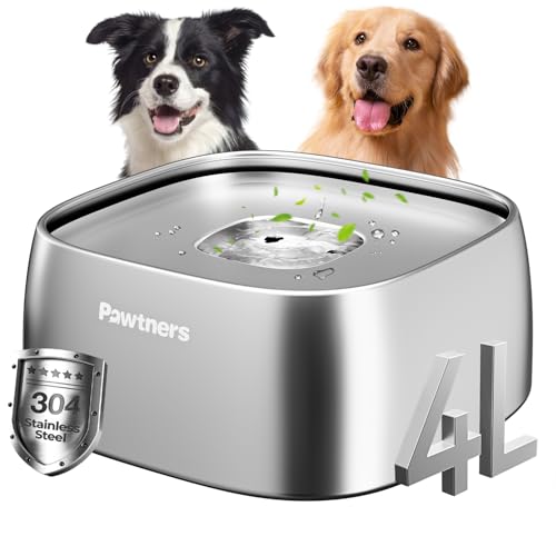 Pawtners No Spill Wassernapf für Hunde, 3,827.2 g/4L All Stainless Steel Dog Water Bowl with Non-Slip Base, Spill Proof for Medium Large Messy Drinkers, Anti Splash, Slow Drinking, Slobber Stopper von Pawtners