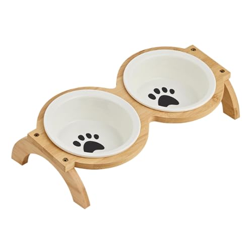 Erhöhte Katzennäpfe aus Keramik mit Holzständer, erhöhte Futterstation, Futter- und Wassernapf, Haustier-Futterstation für Indoor-Katzen, Welpen, 16 x 32 x 8 cm, Katzenfußabdruck von PawwJoy