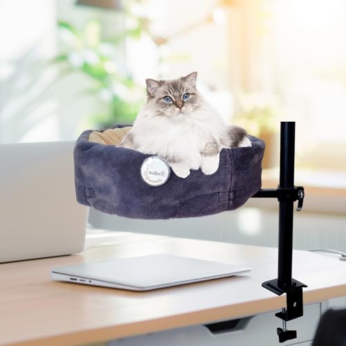 Katzen-Schreibtischbett, One-Latch-Höhe und Drehgelenk, superweiches Plüsch-Kunstfell, Haustierbett für Welpen und Kätzchen, 360° drehbar, abnehmbares Bett für einfache Reinigung von Pawzentic