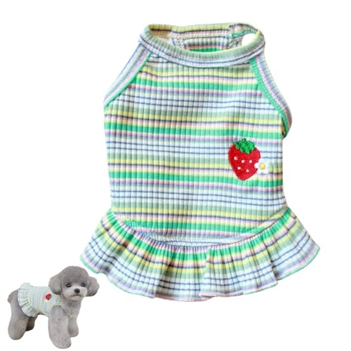 Bezauberndes gestreiftes Hundekleid mit Erdbeer-Aufnäher und Spitzenbesatz, weiche, elastische Baumwolle, perfektes Outfit für kleine Hunde, Welpen und Katzen (Grün, XS) von PayaSnug