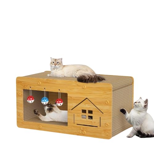 Katzenkratzhaus, Katzenkratzbrett 2 in 1 Wellpappe, Katzenkratzunterlage für Indoor-Katzen zum Verfahren von Möbeln, mit 3 Glocken zum Ausruhen, Schleifen und Spielen (XL) von PazkPuzk