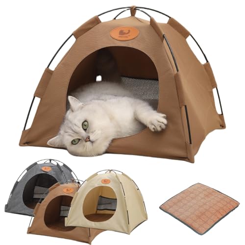 Katzen Kühlzelt, Natürliche Kühlung mit Rattan Matte & Atmungsaktives 3D-Mesh, Leicht & Tragbar, Waschbarer Bezug, Ideal als Katzenhaus, Hundezelt oder Strandzelt (Braun, L(48 * 48 * 42cm)) von Pazvoza