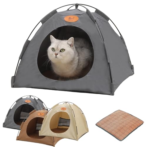 Katzen Kühlzelt, Natürliche Kühlung mit Rattan Matte & Atmungsaktives 3D-Mesh, Leicht & Tragbar, Waschbarer Bezug, Ideal als Katzenhaus, Hundezelt oder Strandzelt (Grau, L(48 * 48 * 42cm)) von Pazvoza