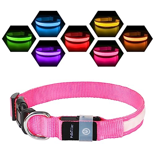 Leuchthalsband Hund Aufladbar USB-C, LED Halsband für Hunde Wasserdicht Hundehalsband Leuchtend 7 Farben Blinklicht Einstellbar Leichte Halsband Hunde für Kleine Mittlere Große Hunde, Rosa L von PcEoTllar