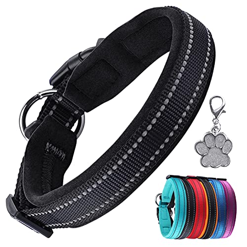 PcEoTllar Hundehalsband Verstellbare Weich Gepolstertes Hunde Halsband Neopren Nylon Reflektierend Halsband Atmungsaktives Einstellbar mit Erkennungsmarke for Kleine Mittel Große Hunde, Schwarz-XS von PcEoTllar