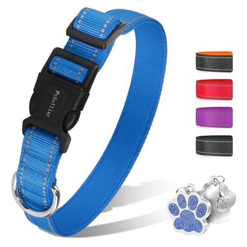 PcEoTllar Gepolstertes Hundehalsband, Weich Hunde Halsband for Kleine Mittel Große Hunde, Atmungsaktives Neopren Nylon Reflektierend Einstellbar Halsband, Blau-L von PcEoTllar