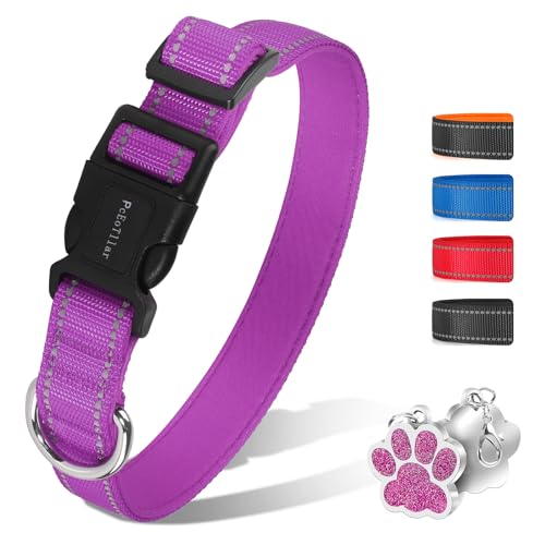 PcEoTllar Gepolstertes Hundehalsband, Weich Hunde Halsband for Kleine Mittel Große Hunde, Atmungsaktives Neopren Nylon Reflektierend Einstellbar Halsband, Lila-L von PcEoTllar