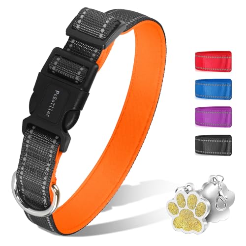 PcEoTllar Gepolstertes Hundehalsband, Weich Hunde Halsband for Kleine Mittel Große Hunde, Atmungsaktives Neopren Nylon Reflektierend Einstellbar Halsband, Orange-L von PcEoTllar