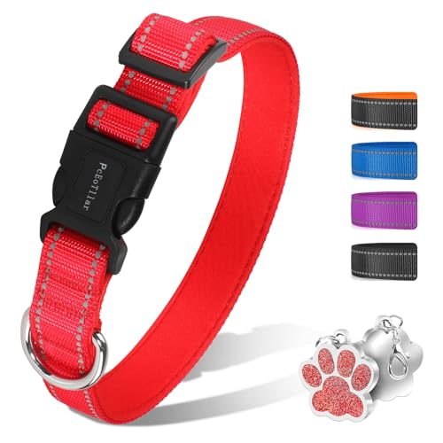 PcEoTllar Gepolstertes Hundehalsband, Weich Hunde Halsband for Kleine Mittel Große Hunde, Atmungsaktives Neopren Nylon Reflektierend Einstellbar Halsband, Rot-XL von PcEoTllar