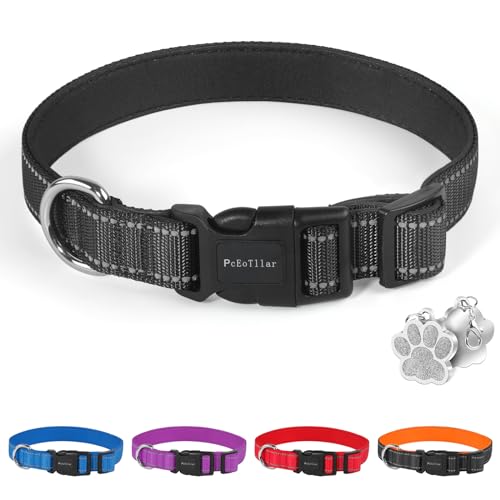 PcEoTllar Gepolstertes Hundehalsband, Weich Hunde Halsband for Kleine Mittel Große Hunde, Atmungsaktives Neopren Nylon Reflektierend Einstellbar Halsband, Schwarz-L von PcEoTllar