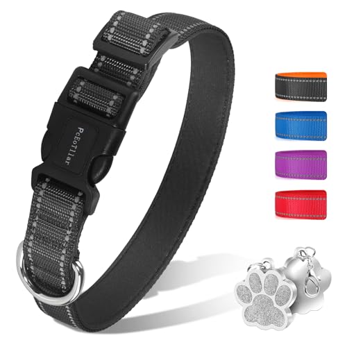 PcEoTllar Gepolstertes Hundehalsband, Weich Hunde Halsband for Kleine Mittel Große Hunde, Atmungsaktives Neopren Nylon Reflektierend Einstellbar Halsband, Schwarz-M von PcEoTllar