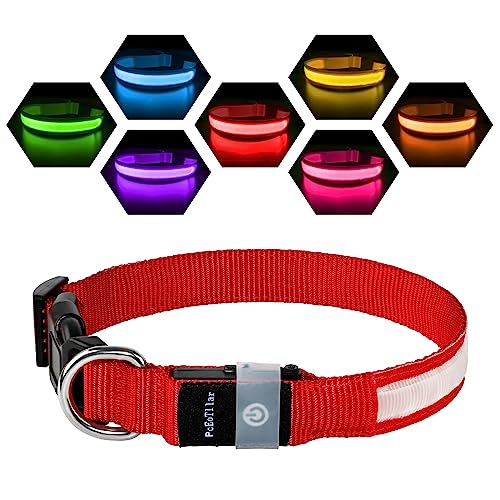 Leuchthalsband Hund Aufladbar USB-C, LED Halsband für Hunde Wasserdicht Hundehalsband Leuchtend 7 Farben Blinklicht Einstellbar Leichte Halsband Hunde für Kleine Mittlere Große Hunde, Rot L von PcEoTllar