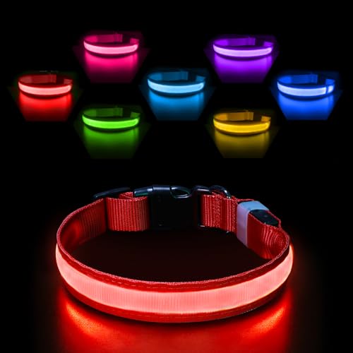 Leuchthalsband Hund Aufladbar USB-C, LED Halsband für Hunde Wasserdicht Hundehalsband Leuchtend 7 Farben Blinklicht Einstellbar Leichte Halsband Hunde für Kleine Mittlere Große Hunde, Rot S von PcEoTllar