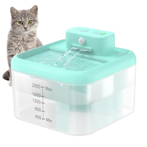 PcEoTllar Katzenbrunnen, 2L Trinkbrunnen für Katze Kabellos, Super Leiser Automatisch Wasserbrunnen mit Akku für Katze Kleinhunde, 3 Arbeitsmodi Wasserspender Katzen mit Bewegungsmelder, Blau von PcEoTllar