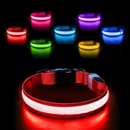 PcEoTllar Leuchthalsband Hund Aufladbar, Hundehalsband Leuchtend Wasserdicht, Blinkend LED Halsband für Hunde mit 7 Farben, Einstellbare LED Hundehalsband für Kleine Mittlere Große Hunde, Rot-S von PcEoTllar