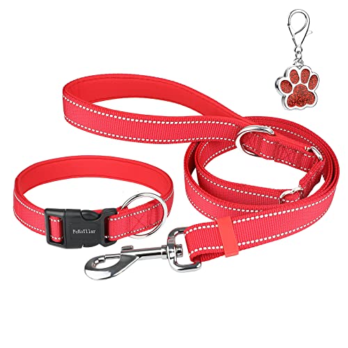 Hundehalsband Gepolstert Reflektierendes Halsband Hunde Einstellbar Neopren Nylon Hundehalsbänder für kleine mittlere große Hunde, Rot, L (50-60cm) von PcEoTllar