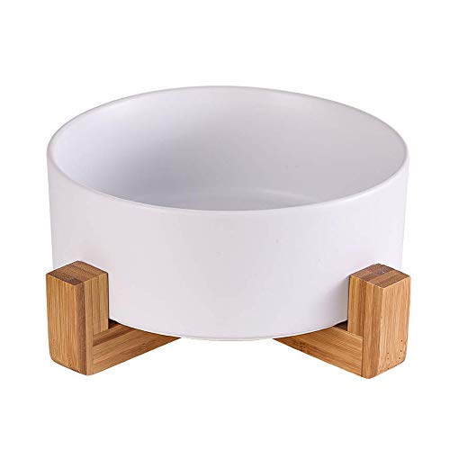 Pcivzxam Futternapf für Futter und Wasser, erhöhter Keramik-Futternapf zum Schutz der Wirbelsäule des Haustiers, mit Holzständer (weiß) von Pcivzxam