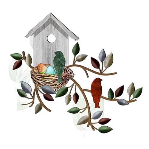 Pcivzxam Metall-HäNgebaum mit Vogelhaus, Wandkunst, Wanddekoration für Den AußEnbereich, Vogeldekorationen für zu Hause, Metallblatt-Wanddekoration B von Pcivzxam