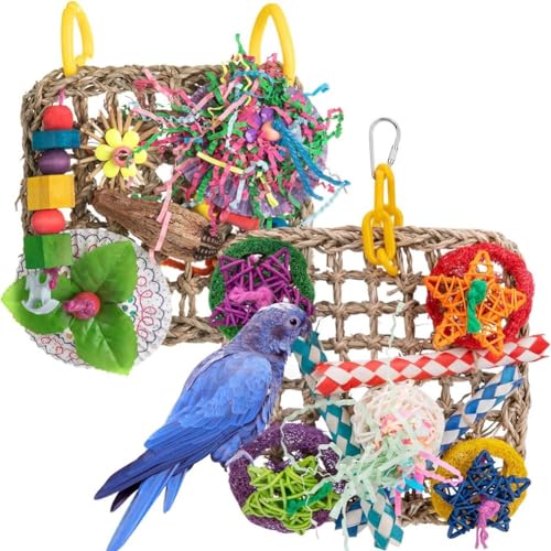 Pcivzxam Vogelspielzeug Papageienspielzeug Set mit 2 Gewebten Seegras-Aufhängungskissen, für Graupapageien von Pcivzxam