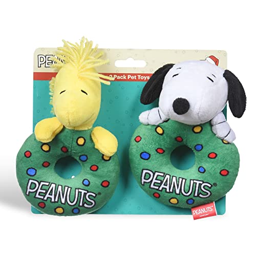 Peanuts Holiday Snoopy und Woodstock Kranz, Plüschring, Haustierspielzeug, 2er-Pack, Hundespielzeug-Set, mittelgroß, quietschendes Hundespielzeug, niedliches und weiches Hundespielzeug, offiziell von Peanuts for Pets