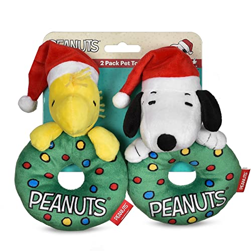 Peanuts Holiday Snoopy und Woodstock Wreath Plüschring Haustierspielzeug 2er Pack Hundespielzeug-Set | mittelgroßes quietschendes Hundespielzeug, süßes und weiches gefülltes Hundespielzeug, offiziell von Peanuts for Pets