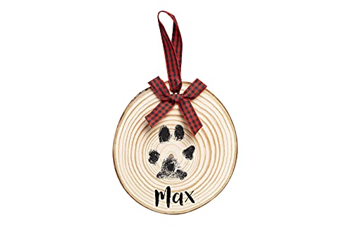 Pearhead Haustier-Ornament aus natürlichem Holz, mit Pfotenabdruck, personalisierbar mit Büffelkariertem Band zum Aufhängen von Pearhead