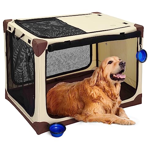 Pecait Hunde-Reisekiste, groß, tragbar, 106.7 cm, Reise-Hundebox, leicht zu tragen, abnehmbar, für drinnen und draußen, mit zwei faltbaren Hundenäpfen und seitlicher Aufbewahrungstasche, Beige von Pecait