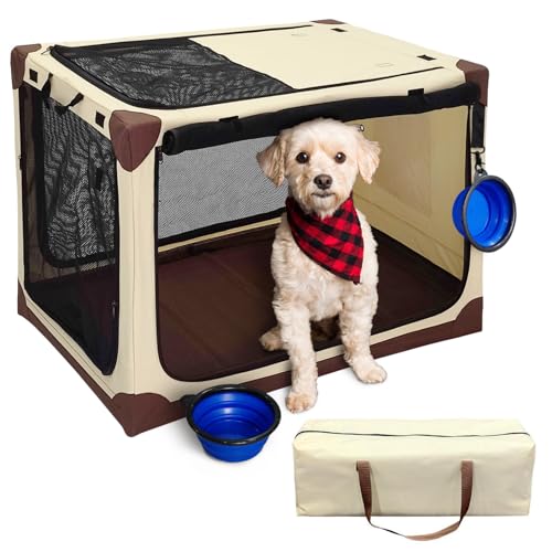Pecait Hunde-Reisekiste, groß, tragbar, 76,2 cm, Reise-Hundebox, leicht zu tragen, abnehmbar, für drinnen und draußen, zusammenklappbar, mit zwei faltbaren Hundenäpfen und Seitentasche – Beige von Pecait