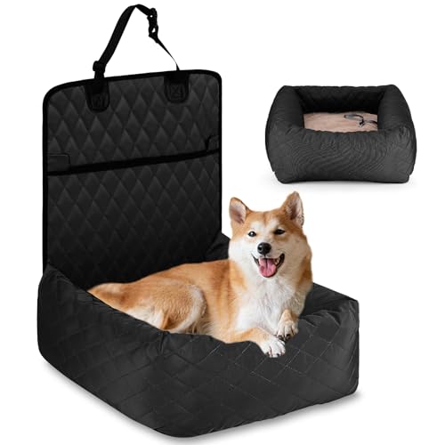 Hundebett Autositzbezug Pet Car Booster Seat 2 in 1 Front Back Protector Pet Lookout Tragbarer Autositzabdeckung Hundetransport Vordersitz mit dickem Zwinger und Sicherheitsgurt (Schwarz, 1) von HAPPY HACHI