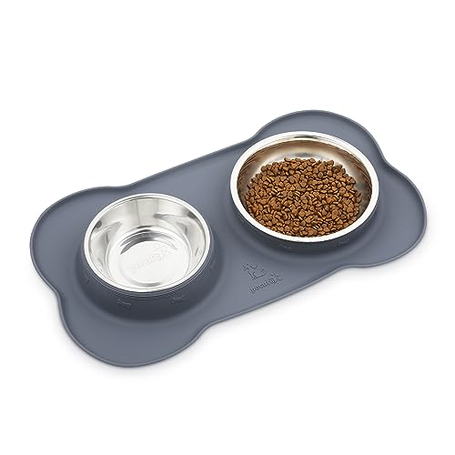 pecute Futternapf Fressnapf Hunde Katzen, Hundenapf Edelstahl Katzenapf mit Rutschfesten Silikon Tablett Matte, Schüssel Lebensmittel Wassernapf Grau (M, 400 +550ml) von pecute