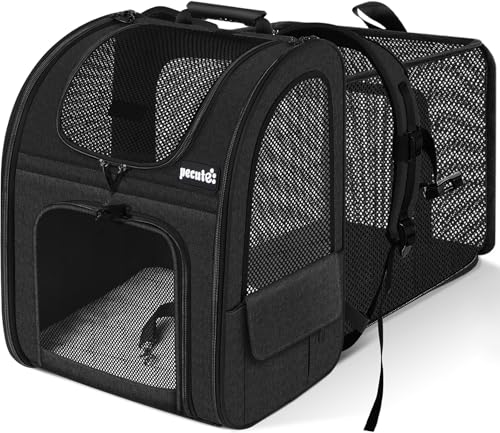 pecute Hunderucksack, Erweiterbar Faltbar, Katzenrucksack Große Katzen mit Anti-offener Reißverschluss, Rucksack Hund mit Netz fenster Schwarz, für Hunde Katzen Haustiere (34 * 27 * 44cm) von pecute