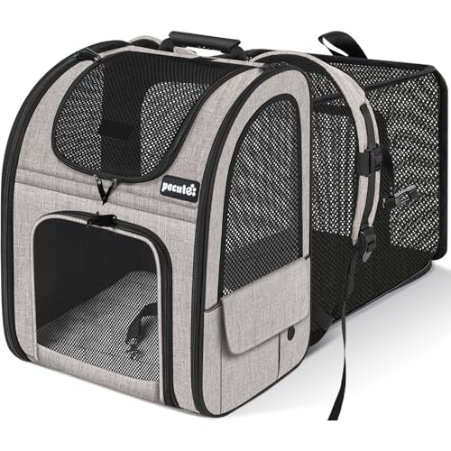 pecute Hunderucksack, Erweiterbar Faltbar, Katzenrucksack Große Katzen mit Anti-offener Reißverschluss, Rucksack Hund mit Netz Fenster Braun, für Hunde Katzen Haustiere (34 * 27 * 44cm) von pecute