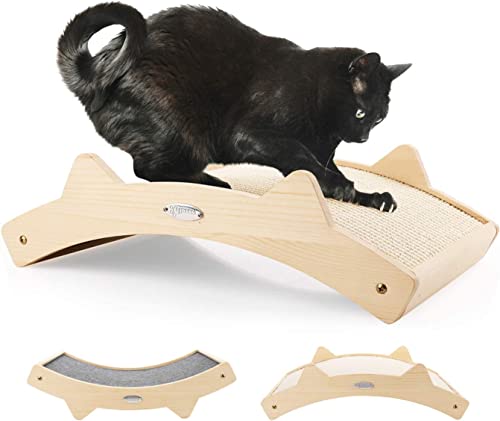 pecute Katzen Kratzbrett(42x27.5x12cm), Gewebter Sisal + Teppich Stoff Doppelseitig Haltbarer Katzen Kratzmatte, Holzstruktur Kitty Kratz Pads Katzenliege von pecute