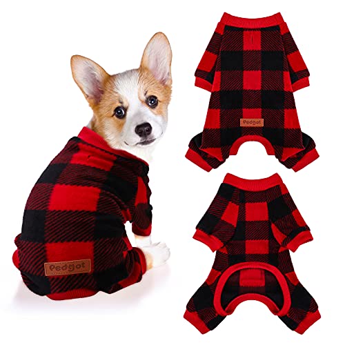 Pedgot Weihnachts-Hunde-Pyjama, rot und schwarz, Büffelkariert, für Welpen und Katzen, weich und atmungsaktiv, Größe S von Pedgot
