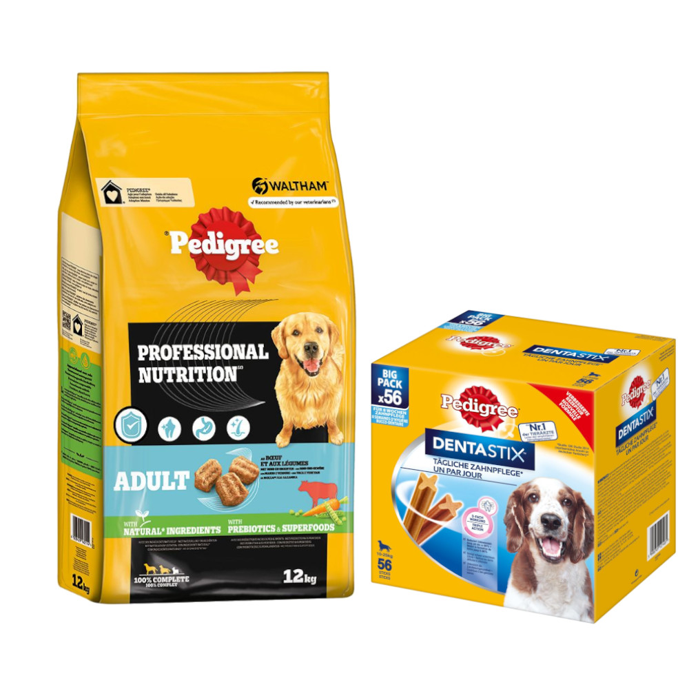 12 kg Pedigree Professional Nutrition Adult + 56 Stück Dentastix zum Sonderpreis!  - mit Rind & Gemüse + für mittelgroße Hunde von Pedigree