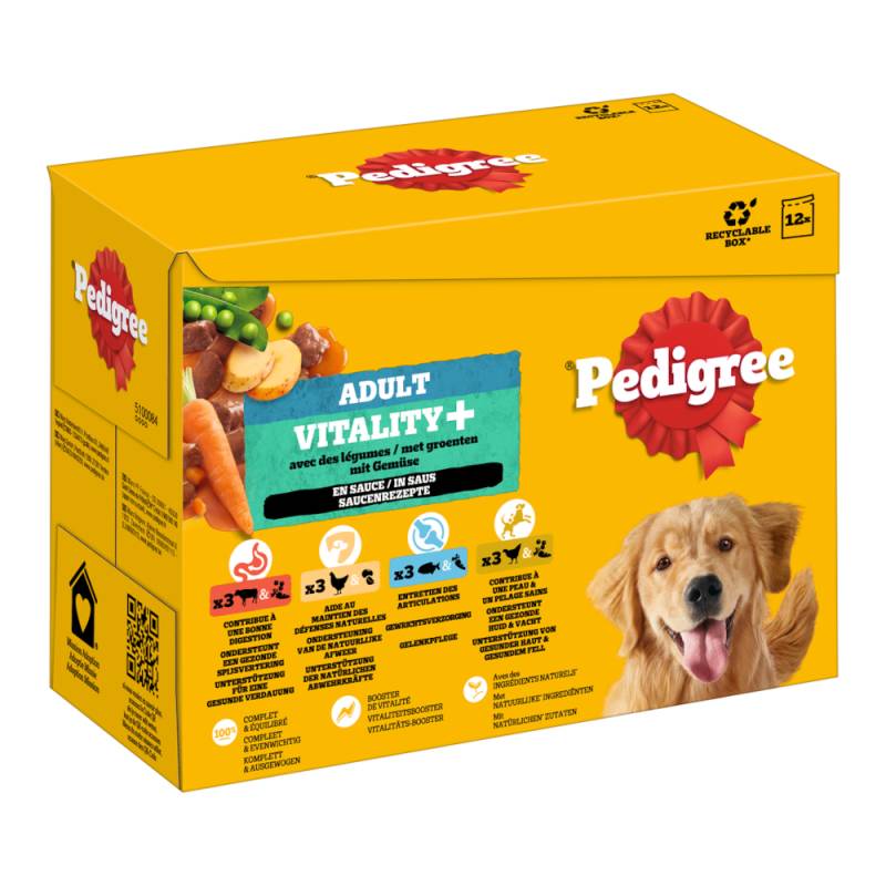 Pedigree Adult Frischebeutel für Hunde Vitality+ in Sauce - 12 x 85 g (4 Varietäten) von Pedigree