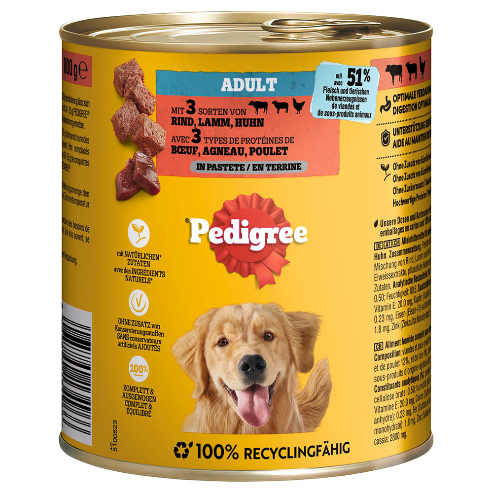 Pedigree Classic 12 x 800 g - Rind, Lamm & Huhn in Pastete von Pedigree