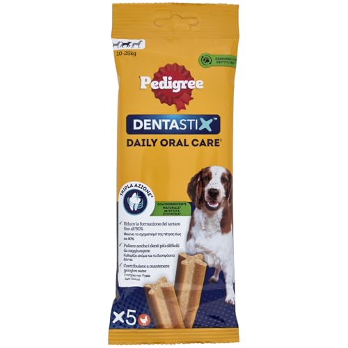 Pedigree Dentastix Snacks für die Mundhygiene, mittelgroßer Hund 10-25 kg, 5 Stäbchen - 128 g Pedigree Dentastix Snacks für die Mundhygiene, mittelgroßer Hund 10-25 kg, 5 Stäbchen - 128 g von Pedigree