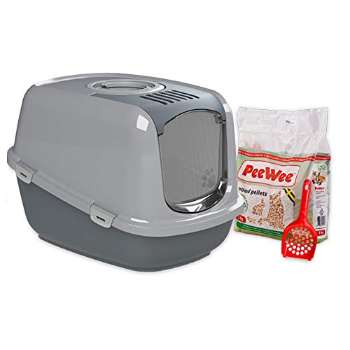 Katzentoilette XXL PeeWee EcoDome Katzenklo mit Haube Katzen WC geschlossen inkl. 3kg Streu Holzpellets, Farbe:Grau von PeeWee