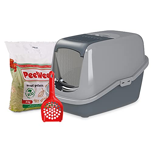 Katzentoilette PeeWee EcoHus Katzenklo mit Haube Katzen WC geschlossen inkl. 3kg Streu Holzpellets, Farbe:Grau von PeeWee