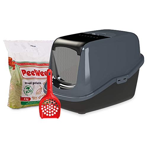 Katzentoilette PeeWee EcoHus Katzenklo mit Haube Katzen WC geschlossen inkl. 3kg Streu Holzpellets, Farbe:Schwarz-Anthrazit von PeeWee