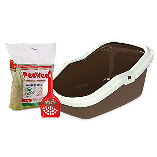 PeeWee Katzentoilette EcoMinor Katzenklo offen Schale Katzen WC inkl. 3kg Streu Holzpellets Pellets, Farbe:Braun-Elfenbein von PeeWee