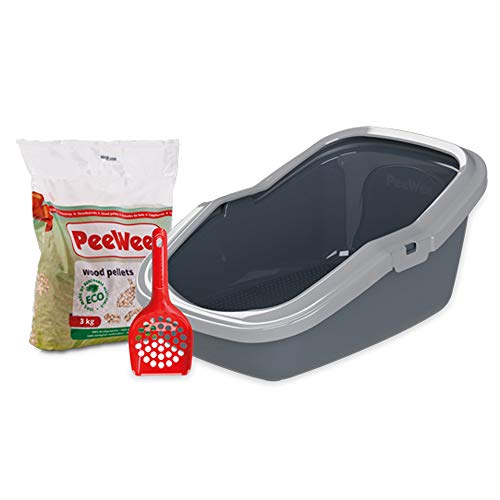 PeeWee Katzentoilette EcoMinor Katzenklo offen Schale Katzen WC inkl. 3kg Streu Holzpellets Pellets, Farbe:Grau von PeeWee