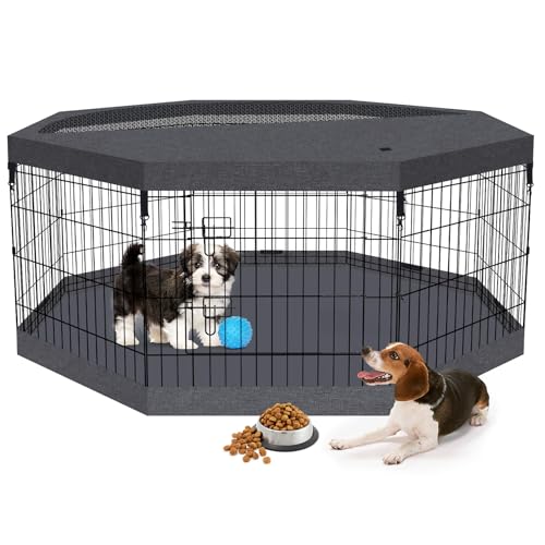 Faltbarer Metalldraht, Hundegehege, Haustier-Laufstall, Hundezaun, Indoor-Trainingsgehege, für drinnen und draußen, mit Bodenpolster und oberer Abdeckung (schwarz, 24 obere untere Abdeckung) von Peekaboo