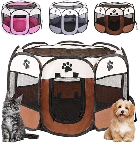 Welpenauslauf Faltbar, Welpenlaufstall Tierlaufstall Laufstall Hund, 74x74x43cm, Katzengehege Outdoor & Indoor, Oxfordgewebe, für Hunde, Katzen, Hasen, Kleintiere (Kaffee) von Peelanmall