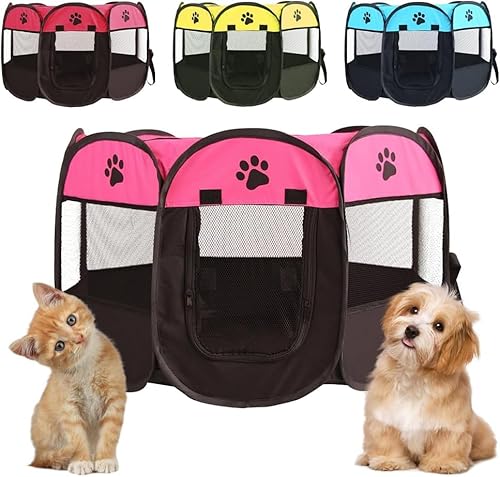 Welpenauslauf Faltbar, Welpenlaufstall Tierlaufstall Laufstall Hund, 74x74x43cm, Katzengehege Outdoor & Indoor, Oxfordgewebe, für Hunde, Katzen, Hasen, Kleintiere (Rosa + Schwarz) von Peelanmall