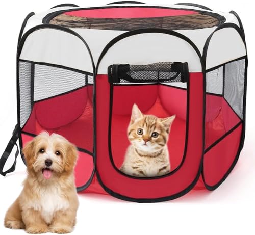 Welpenauslauf Faltbar, Welpenlaufstall Tierlaufstall Laufstall Hund, 74x74x43cm, Katzengehege Outdoor & Indoor, Oxfordgewebe, für Hunde, Katzen, Hasen, Kleintiere (Rot) von Peelanmall